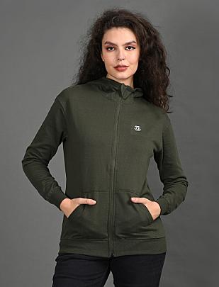 SHOWKEY Women Solid Zip-Up Hoodie