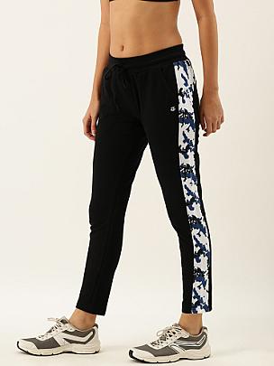 Women Black Solid Slim Fit Cropped Training Track Pants With Printed Detail