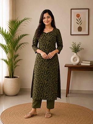 Women Printed Olive Rayon Kurta with Trousers