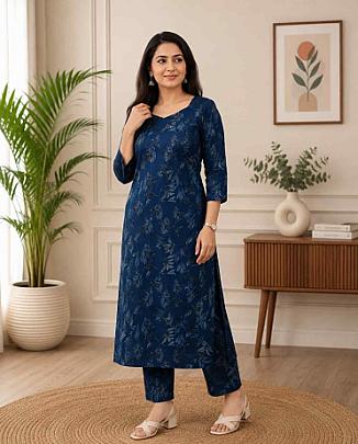 Women Printed Navy Blue Rayon Kurta with Trousers
